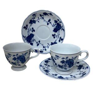 2 Royal Meissen Fine China Blue Foral Cup and Saucer Sets Japan